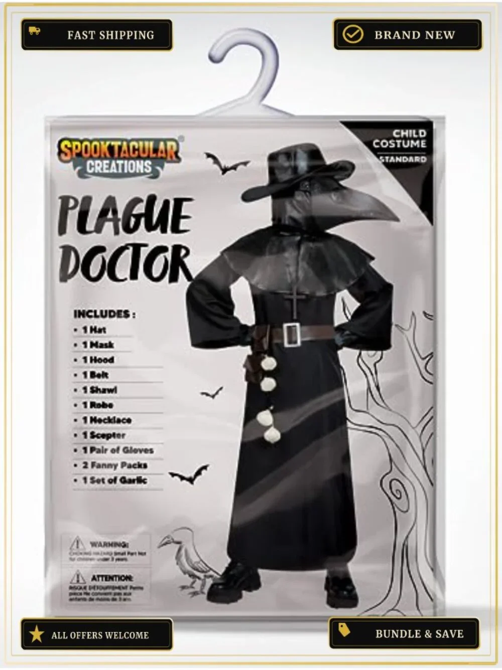 Kids Plague Doctor Costume 10-in-1 Halloween Set Robe Mask Cosplay